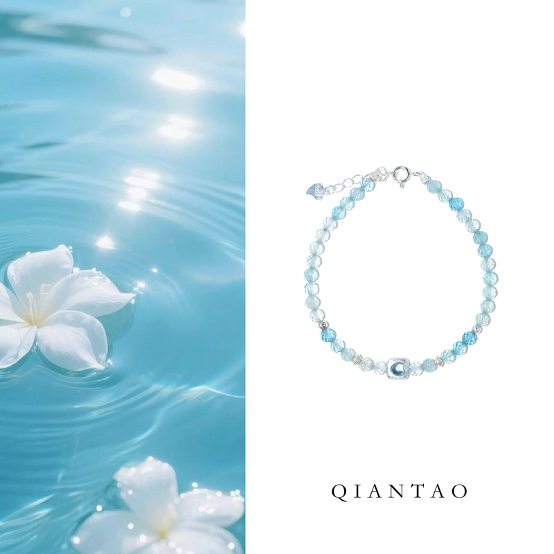 Qiantao「Heart Island」Original Natural Crystal Aquamarine Sterling Silver Bracelet for Women, a Gift for Calming the Mind and Attracting Wealth