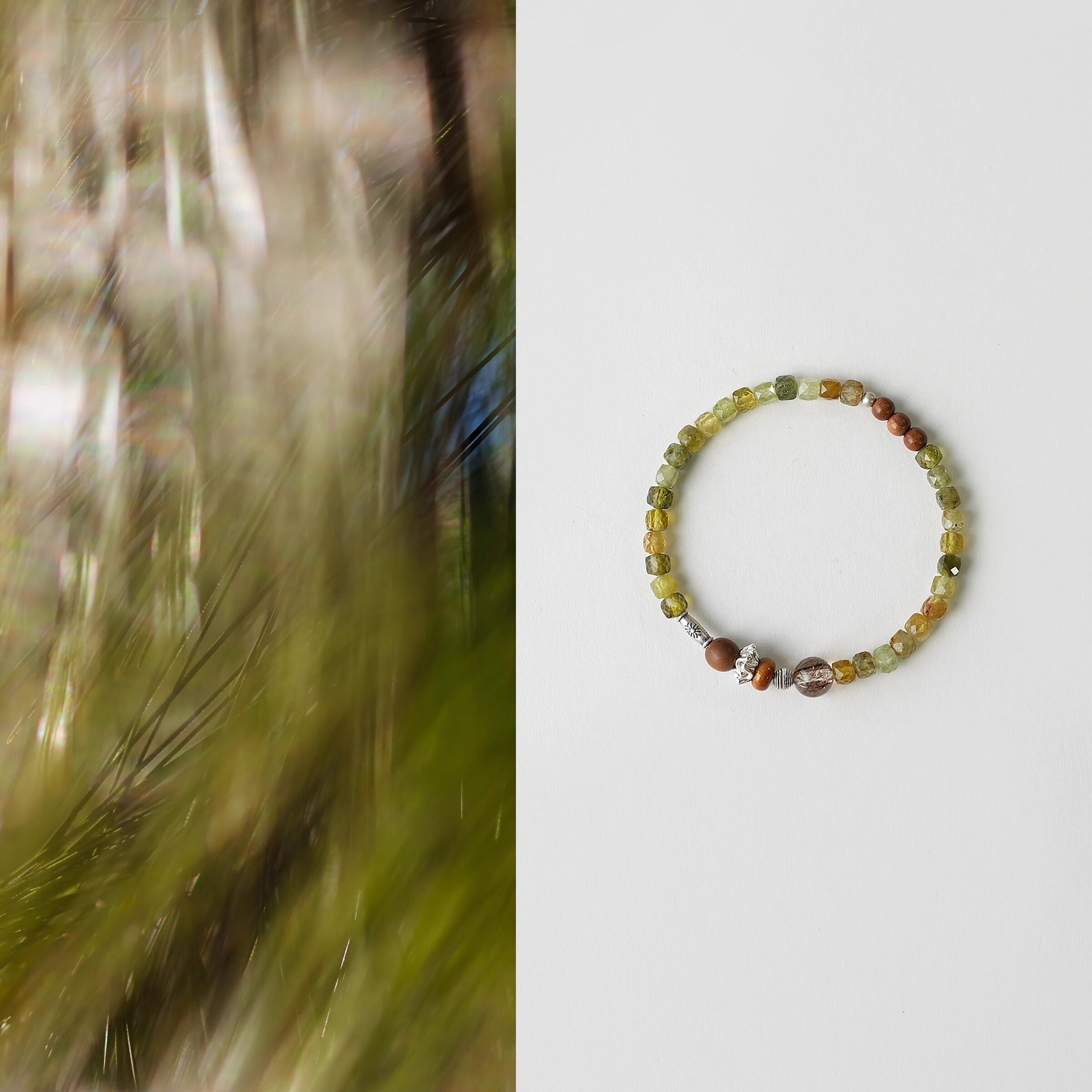 QIANTAO「椿庭」オリジナル天然ツァボライトグリーンジェムクリスタル幸運ブレスレット白檀シルバージュエリーギフト