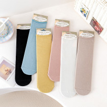 Non-feet pure color breathable socks womens mid-tube socks spring and autumn ins tide curling loose mouth pure cotton summer socks