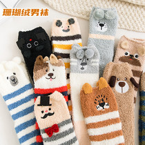 Sleeping mens socks floor socks towel socks coral velvet autumn and winter adult cartoon socks thick warm sleep socks