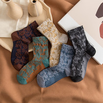 Autumn Winter College Wind Stereo Reliefs Women Socks Retro Art Middle-stock Sox pure cotton palace Palace Wind Personality Small Flowers short socks