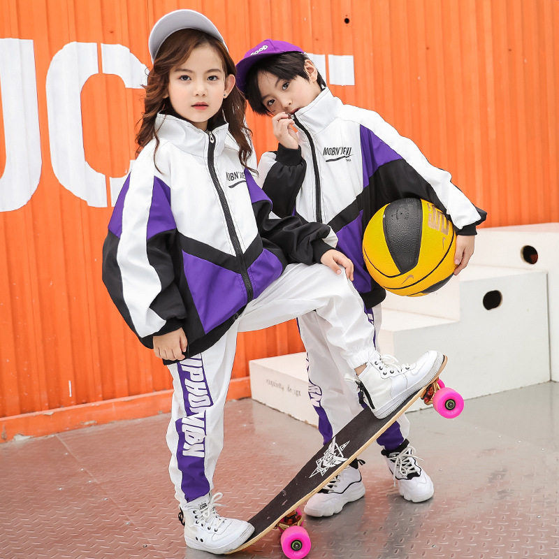 Children's hip-hop hip-hop clothing boys sports suit school sports meeting white purple jacket girls jazz performance clothing