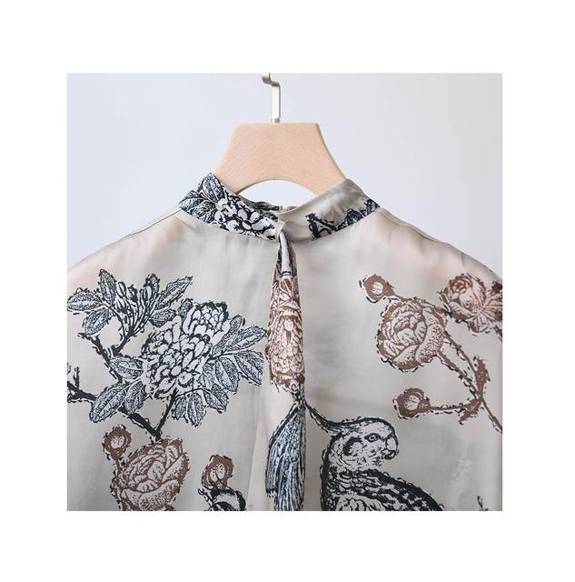 Large brand foreign trade women's silk top French style bird print shirt atmospheric silhouette slim shirt