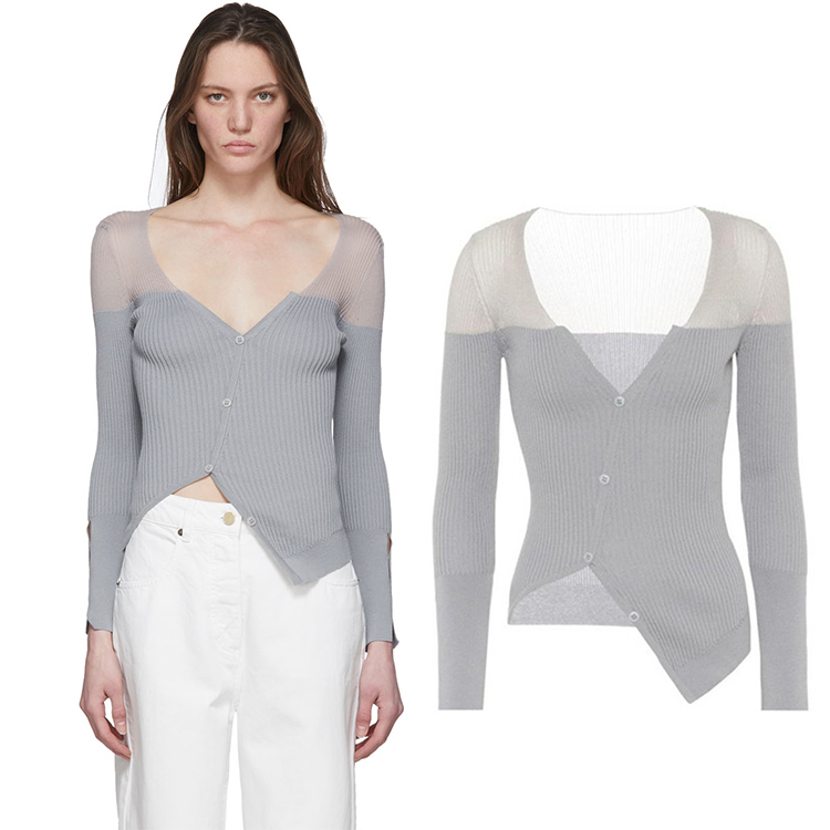 Niche Trendy Brand T-Shirt, Niche Design Knitted Sweater for Women, Large V-Neck Long-Sleeve Sweater, Slim-Fit Gray Patchwork Cardigan Top Niche Trendy Brand T-Shirt, Niche Design Knitted Sweater for Women, Large V-Neck Long-Sleeve Sweater, Slim-Fit Gray Patchwork Cardigan Top