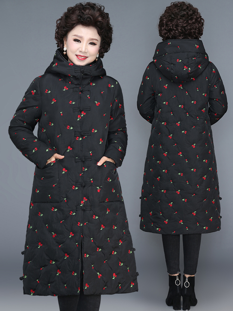 Middle-aged women's cotton coat medium and long version plus hypertrophic size warm hooded quilted jacket jacket Mom winter down cotton clothing