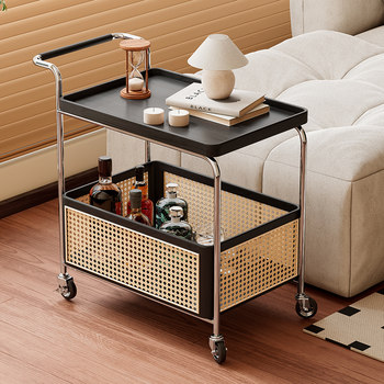 Solid wood edge movable storage medium-sized trolley living room sofa storage rack rattan simple dining car