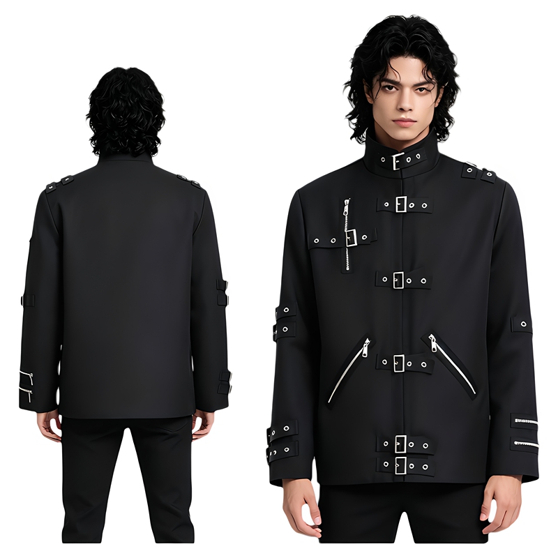 Michael Jackson Bad Style Buckle Jacket Men's Black Metal Buckle Functional Stage Performance Cosplay Outfit