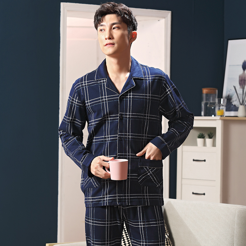 Pyjama nam mùa xuân và mùa thu mùa xuân bông cotton mùa xuân trẻ mỏng mùa xuân quần áo đàn ông một tập hợp các thanh thiếu niên bông mùa thu dài tay đất.