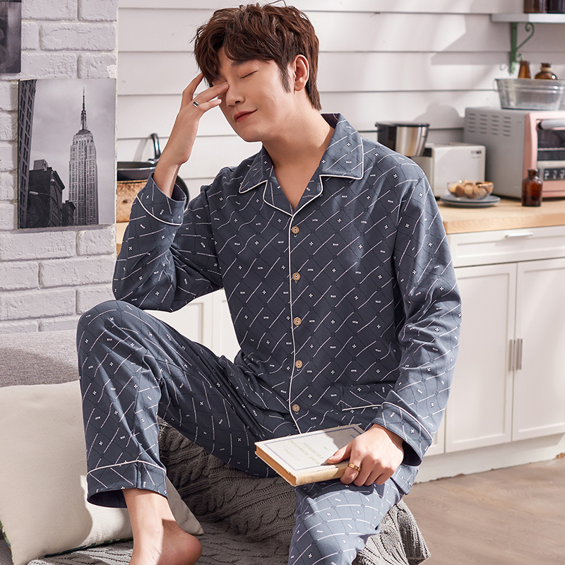 Pyjama nam mùa xuân và mùa thu mùa xuân bông cotton mùa xuân trẻ mỏng mùa xuân quần áo đàn ông một tập hợp các thanh thiếu niên bông mùa thu dài tay đất.