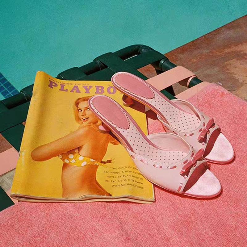 Pink Slippers 2026 Summer New Style Bow Heart Heel Cute Romantic Print Fish Mouth High Heel Sandals for Women