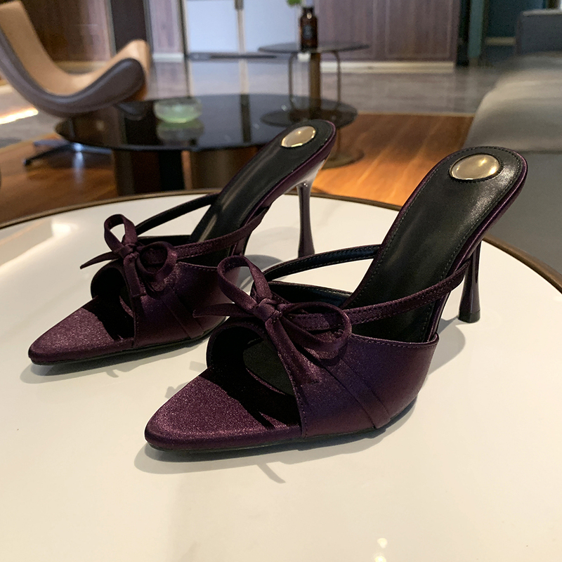 Purple Satin Bow Pointed Toe Sandals for Women 2026 Summer New Style Elegant Fashion High Heels for Outdoor Wear