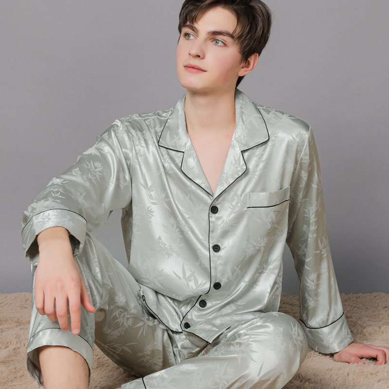 Silk pajamas men spring and autumn long sleeves long pants mulberry silk summer thin ice silk home wear plus size casual set