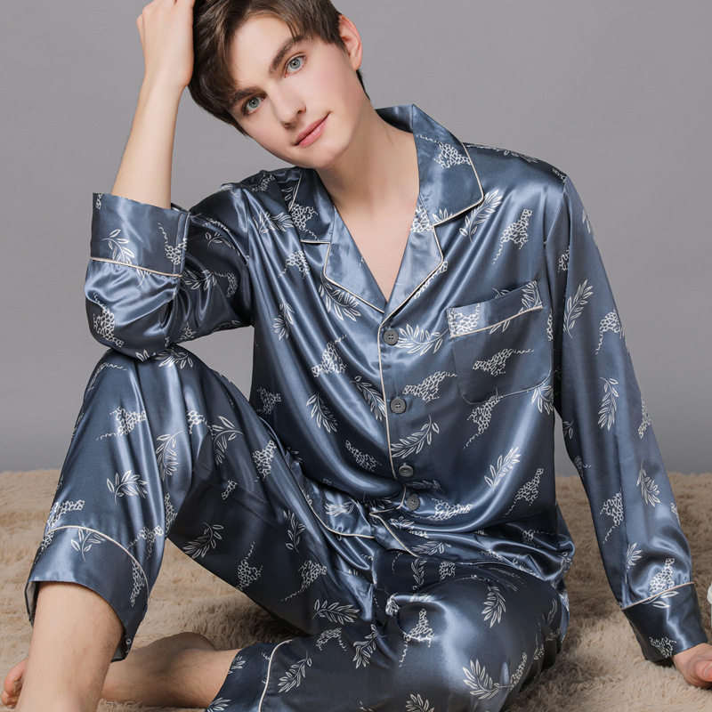 Silk pajamas men spring summer long sleeves long pants mulberry silk plus size two piece set thin ice silk home wear autumn