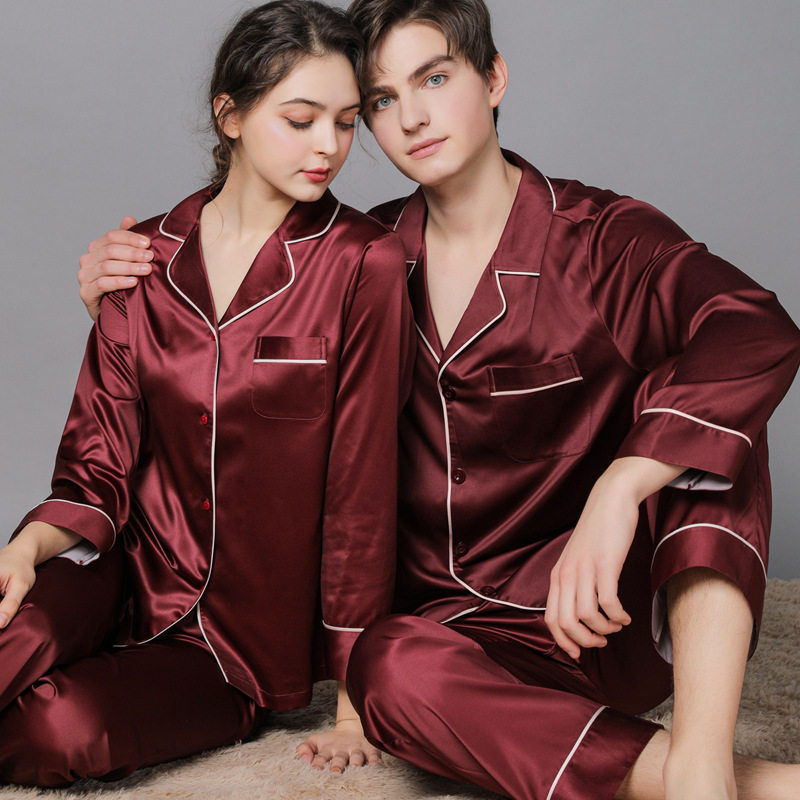 New silk couple pajamas women summer thin mulberry silk men's spring and autumn home wear ice silk long sleeves plus size set