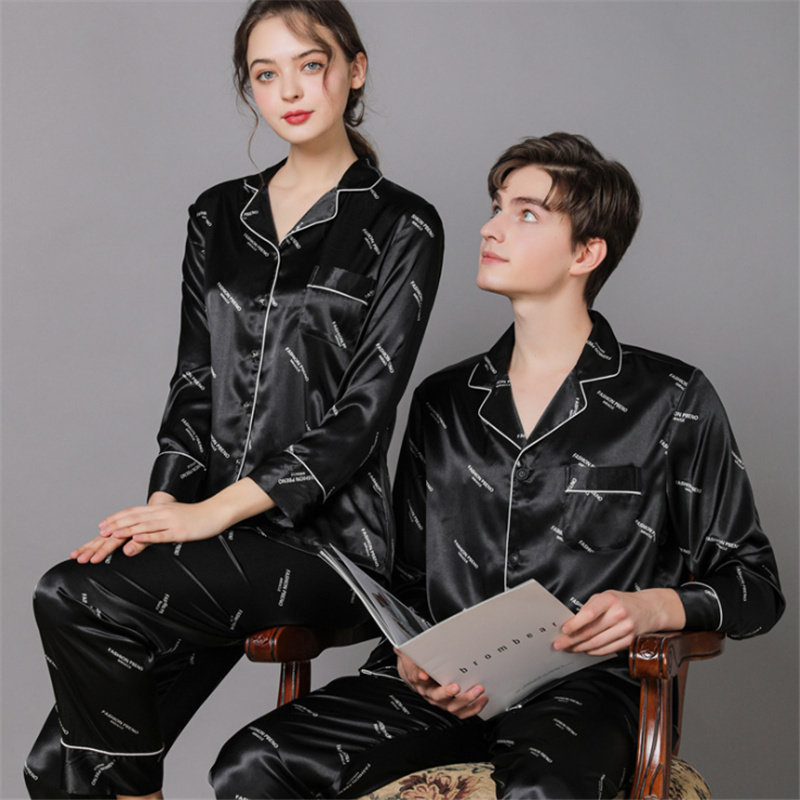 Couple ice silk pajamas women spring and autumn men's lounge wear summer thin silk long sleeves high-end print two-piece set