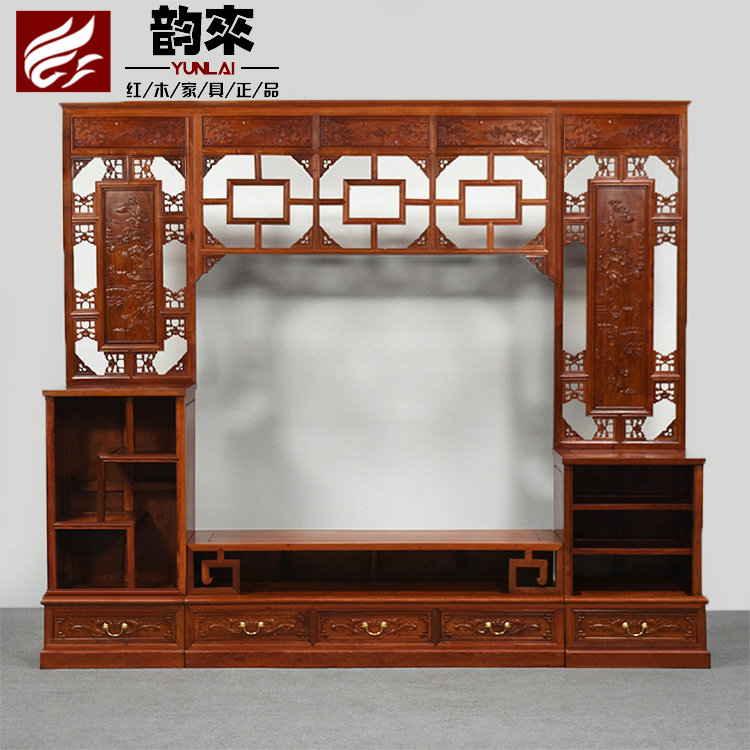 Myanmar Flowers Pear Sculpted Flowers Solid Wood Combined TV Cabinet Living-room Ground Cabinet Background Big Fruits Purple Sandalwood Wall Cabinet Recommendation