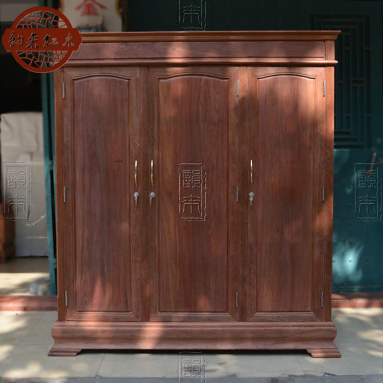 (Rhyme) Burmese Pear Wood Triple Door Wardrobe Solid Wood Lockers Red Wood Top Box Cabinet Raw Grinding and Imitation Antique 