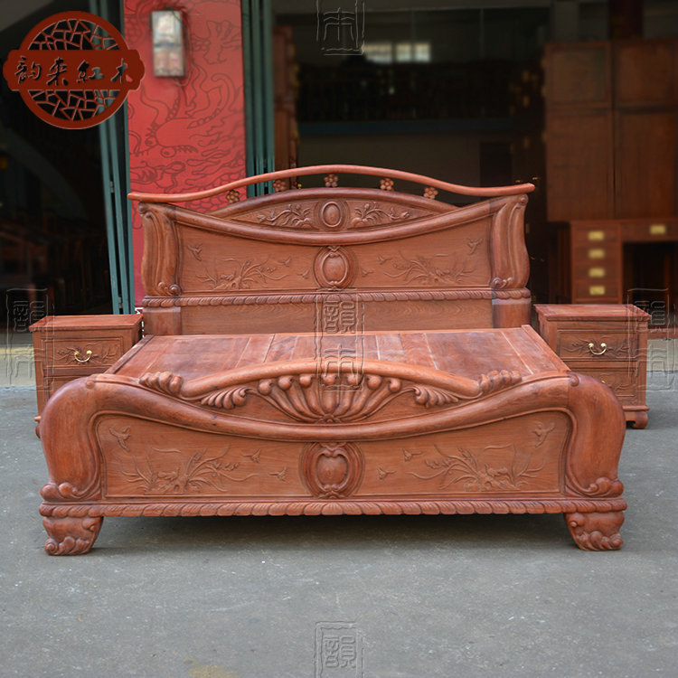 Burmese pear carving 1.8 meters solid wood mahogany thick double bed big fruit red sandalwood raw wood color European antique