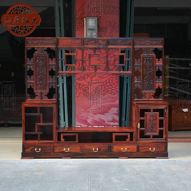 Lao great red sour branch 2 m 2 TV cabinet film and TV cabinet with carved background wall cabinet combination red wood living room furniture