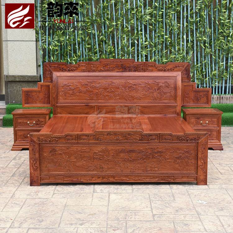 Myanmar flower pear wood 1 meter carved mountain baoding bed with drawer solid wood red wood bedroom furniture large fruit purple sandalberg