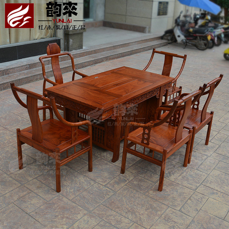 Myanmar flower pear wood rectangular tea table red wood casual table and chairs combined with six sets of big fruit purple sandalwood