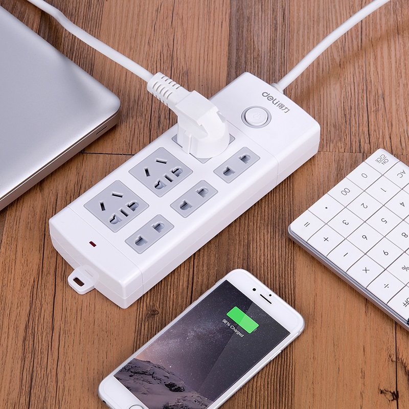 Deli 18208 socket towing board 6 hole extension cable length 2 meters wire terminal board safety plug board row socket plug office supplies stationery