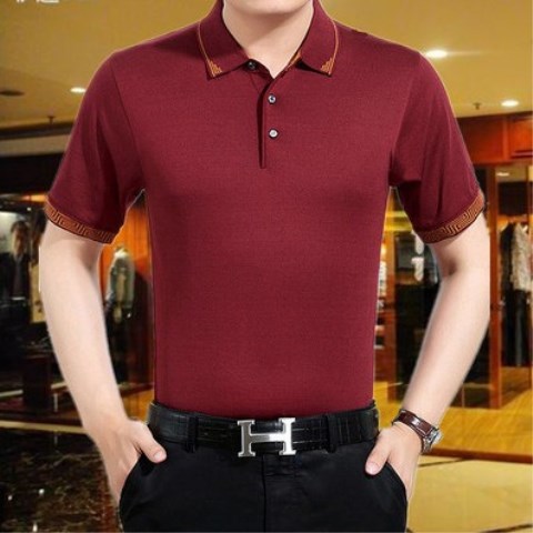 Mùa hè nam trung niên nam lụa ngắn tay áo thun cotton cotton màu rắn lỏng với cổ áo bố 40-50 tuổi áo thun unisex