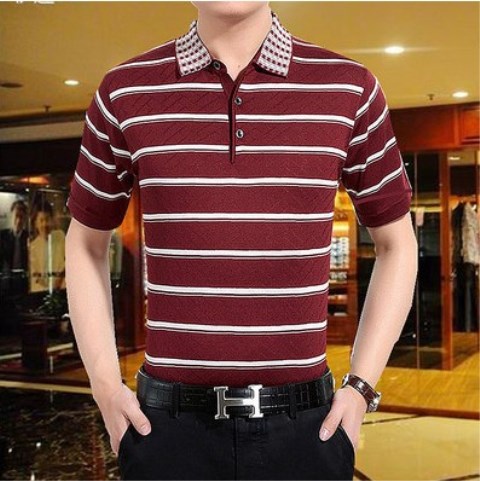 Mùa hè nam trung niên nam lụa ngắn tay áo thun cotton cotton màu rắn lỏng với cổ áo bố 40-50 tuổi áo thun unisex