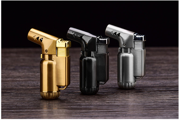 Mini small metal spray gun lighter inflatable windproof lighter gold straight filling blue flame with one key lock fire