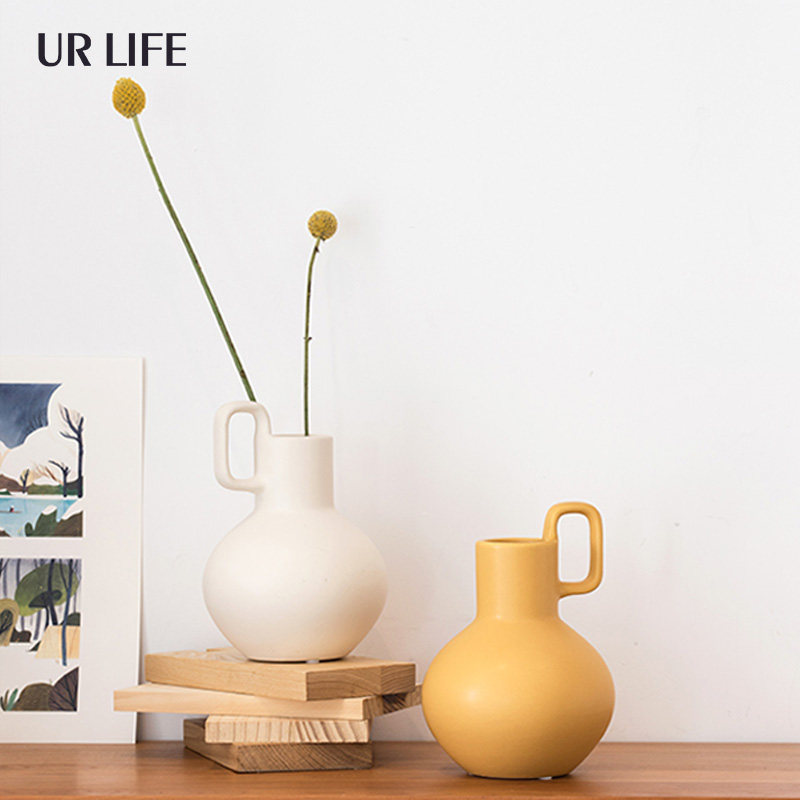 urlife Nordic minimalist white yellow ceramic Single-ear tea pot florist-like room Creative Home Decorative Vase
