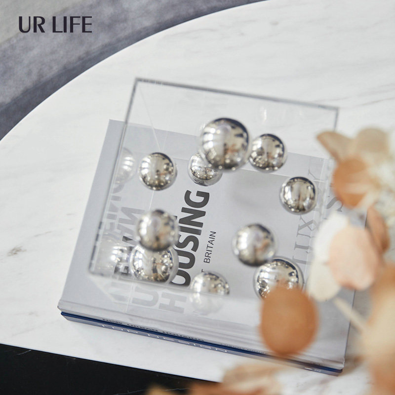 urlife modern gold and silver color metal decorative ball transparent acrylic geometric square pendulum-like inter-panel display cover