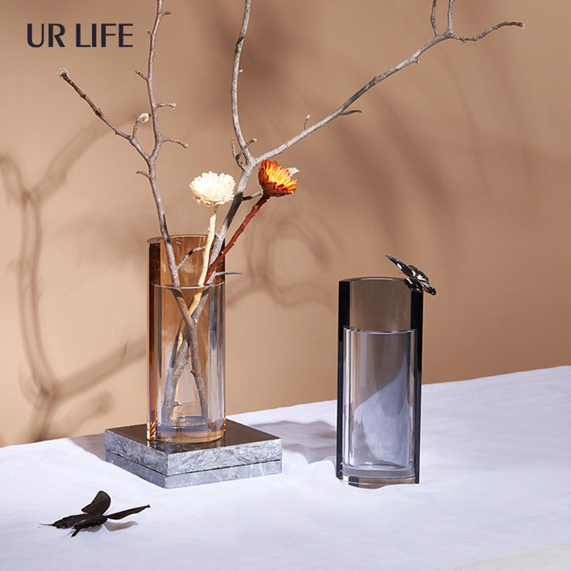 Urlife Light Luxury Flower Gray Tea Minimum Vase Geometric Accessories Desktop Sample House Sample Center