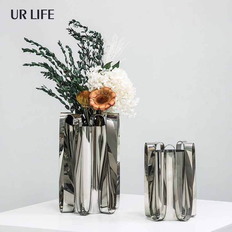 urlife modern minimalist silver metal wave curve skirt vase drying flower vase sample house display center soft decoration