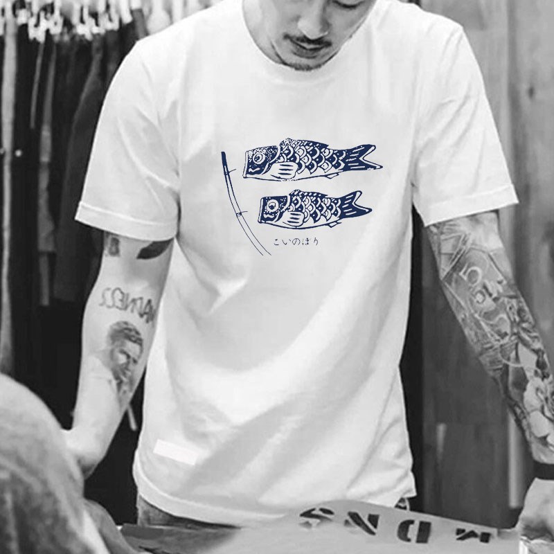 Tide card Yu Wenle the same paragraph 2022 New ins Carp Printed Half Sleeve Men and women loose large size pure cotton short sleeve T-shirt