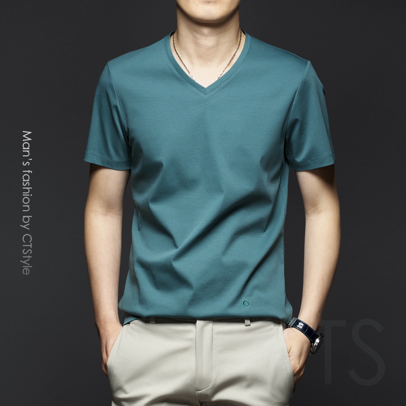 Tide Card Ice Silk T-shirt Men's Business V Collar T-shirt Short Sleeve Silk Light Cotton Summer Tide Pure Color 100 Hitch