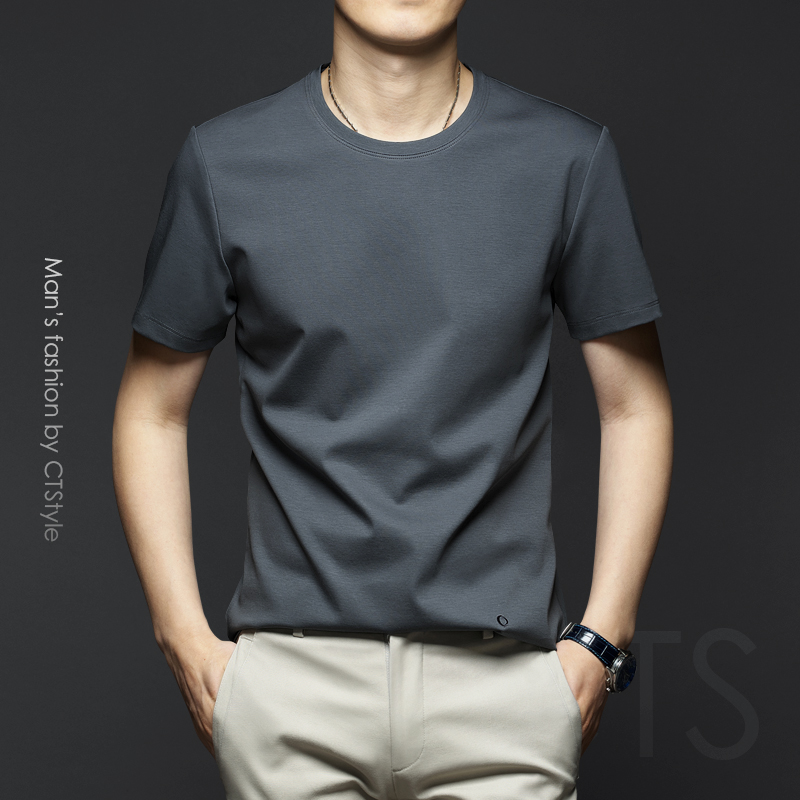 Tide Card Ice Silk Men 2022 New Round Collar Short Sleeves T-shirt Pure Color Silk Light Cotton Jersey Pure Cotton Trendy Men's Clothing