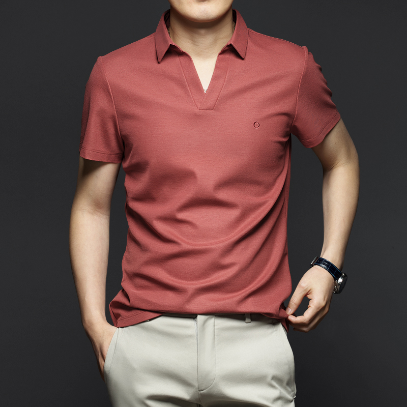Tide ice wire mens summer silk short sleeve loose pure cotton sweater pure cotton V collar business POLO shirt