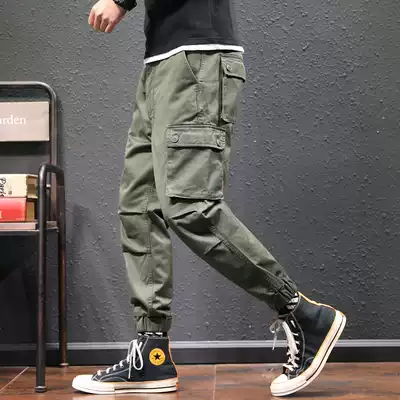 Tide brand 2021 Spring and Autumn New washed overalls men's bunches feet loose slim Korean youth casual trousers tide