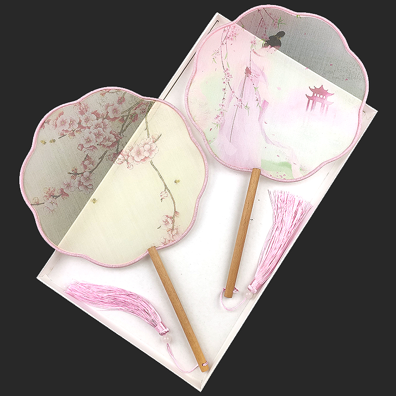 Wood Handle Silk-Imitation Silk Classical Group Fan flawns fan round fan Translucent Ancient Wind Palace Fan Palace Walk Show Fan Palaeowind