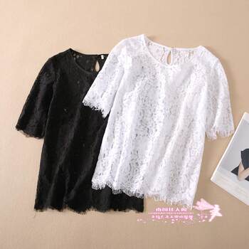 Eyelash lace hollow top ຄໍ round pullover ແຂນສັ້ນສໍາລັບແມ່ຍິງ