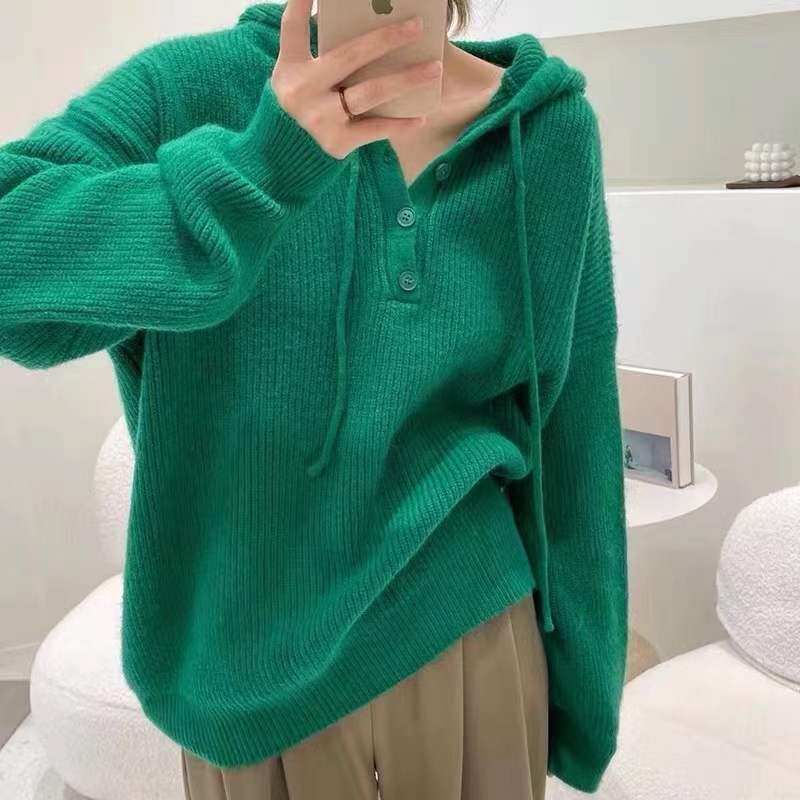 Knitted Tandem Hat Sportsweatshirt Woman Loose outside wearing Bottom Sweater Hooded Sweatshirt Pure color sleeve Head spring autumn 2022 New blouses