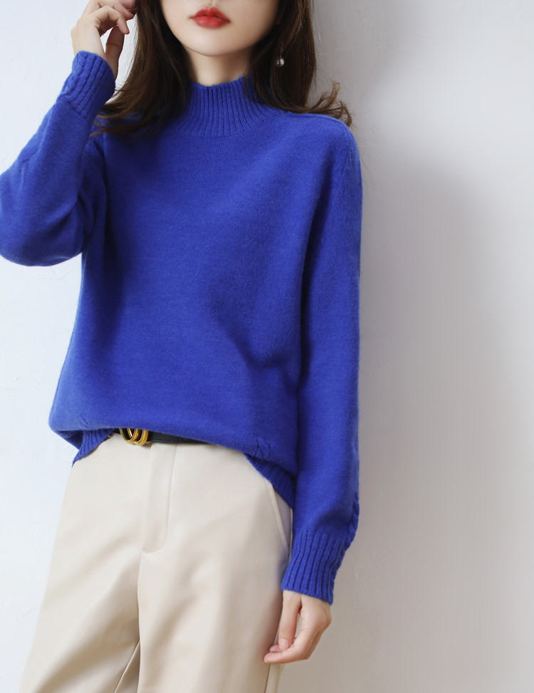 Blue sweater woman small sub half height collar short cut casual cover knitted wool sweater thickened with long sleeves bottom