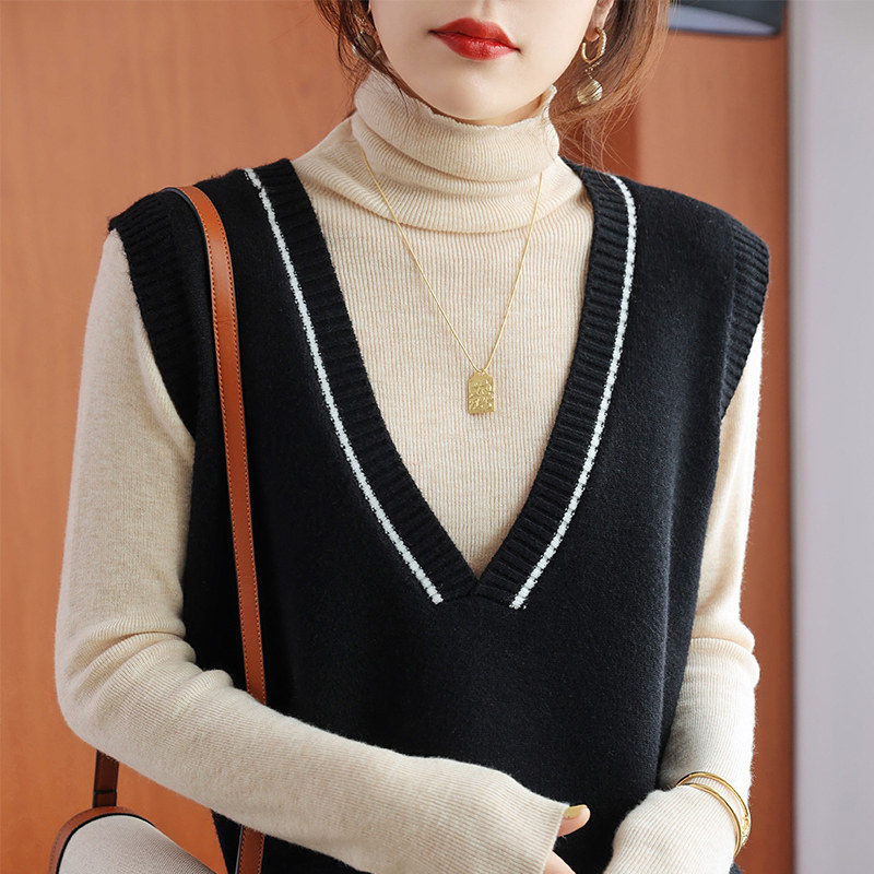 Black v-collar wears wool horseman in autumn and winter wears knitting shoulder and Korean version of the lax vest