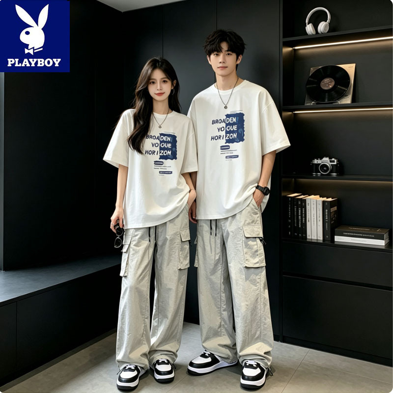 Playboy Genuine Summer Short-Sleeved Suit for Men and Teenagers, Loose Trendy Workwear Casual Pants, Sports Two-Piece Set Playboy Genuine Summer Short-Sleeved Suit for Men and Teenagers, Loose Trendy Workwear Casual Pants, Sports Two-Piece Set