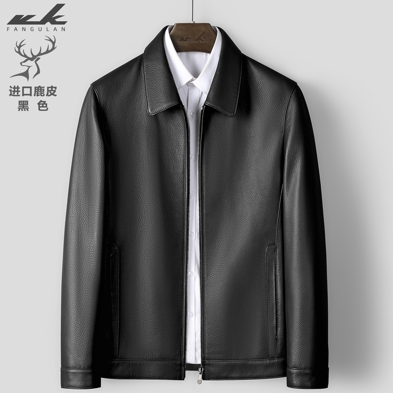 New Zealand Imported First-Layer Deerskin Leather Jacket with Lapel and Zipper, Genuine Leather Jacket, Spring and Autumn Coat, Business Casual, Loose Fit for Men