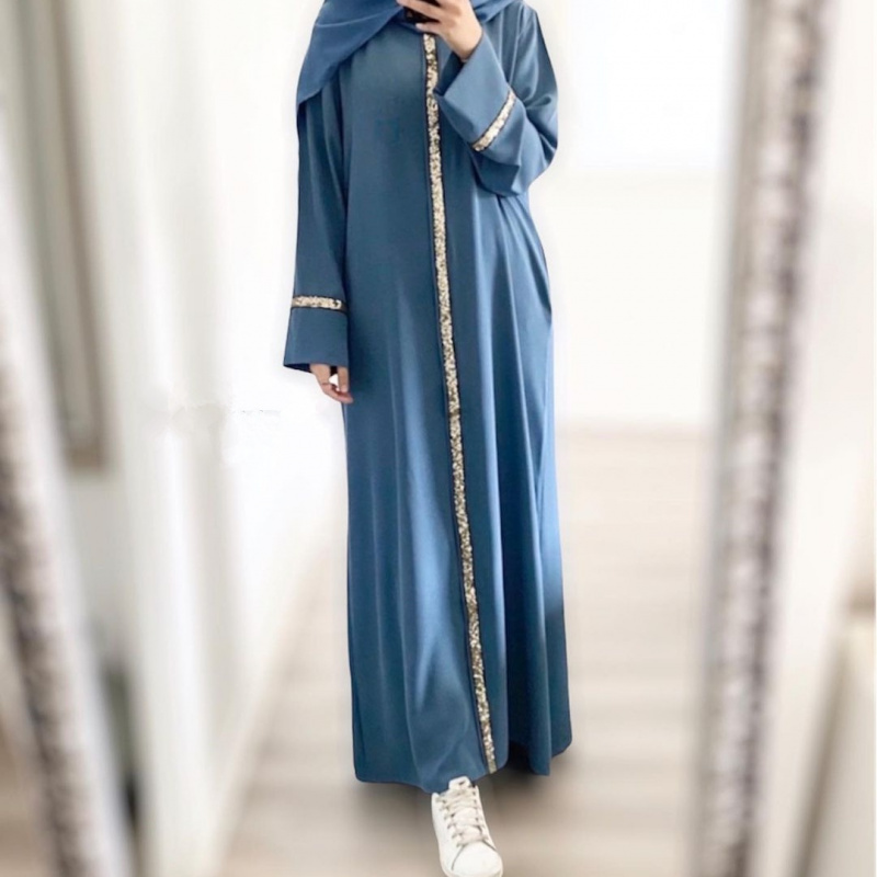 New Southeast Asian Cross-Border Loose-Fitting Women's Robe with Patchwork and Sequin Trim, Solid Color Long-Sleeved Robe