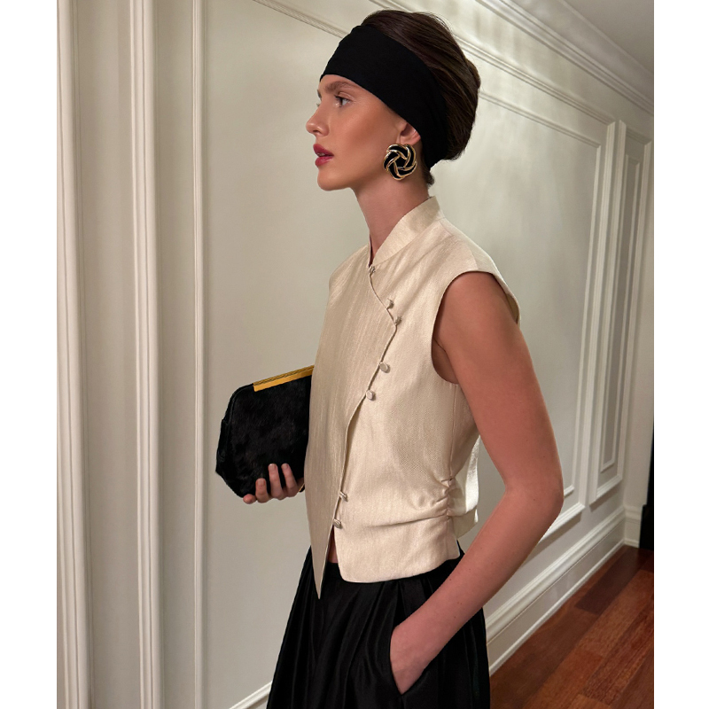Eenkcos New Chinese-Style Stand-Up Collar Sleeveless Buttoned Vest for Women, Short Retro Elegant Fashion Side-Button Top