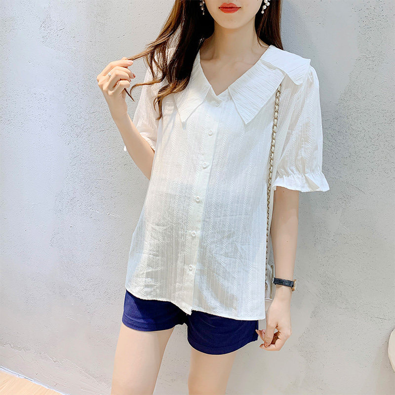 2021 pregnant women summer new loose maternity shirt double-layer lotus leaf collar lantern sleeve jacquard short-sleeved shirt top