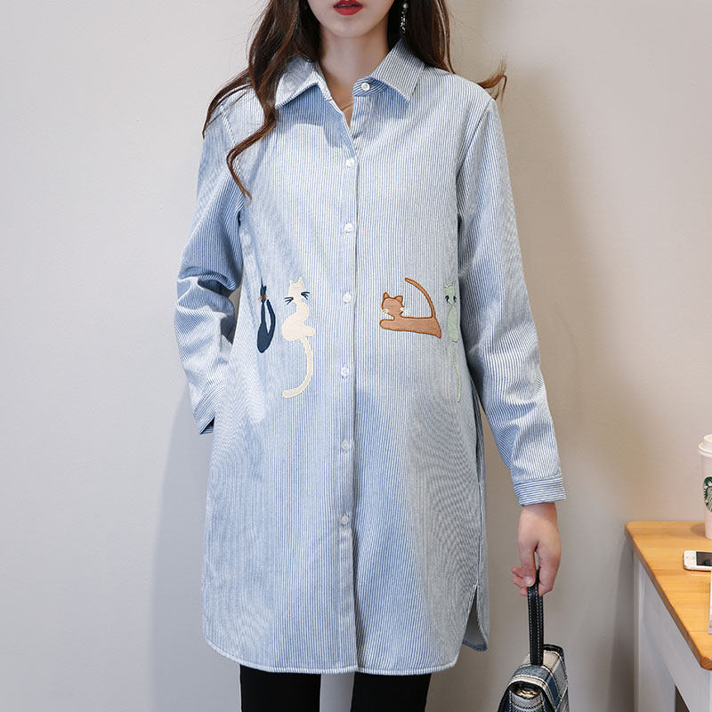 Pregnant Woman Shirt Spring Autumn Dress Medium Long Version New Beating Base Blouses Large Size Loose Stripes Fashion 100 Hitch OL to Work