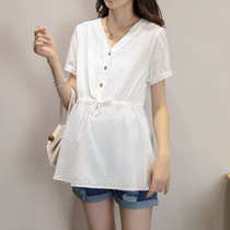Pregnant woman summer dress shirt 2022 new short sleeve loose V collar blouse Han version foreign air big code 100 lap pure cotton shirt